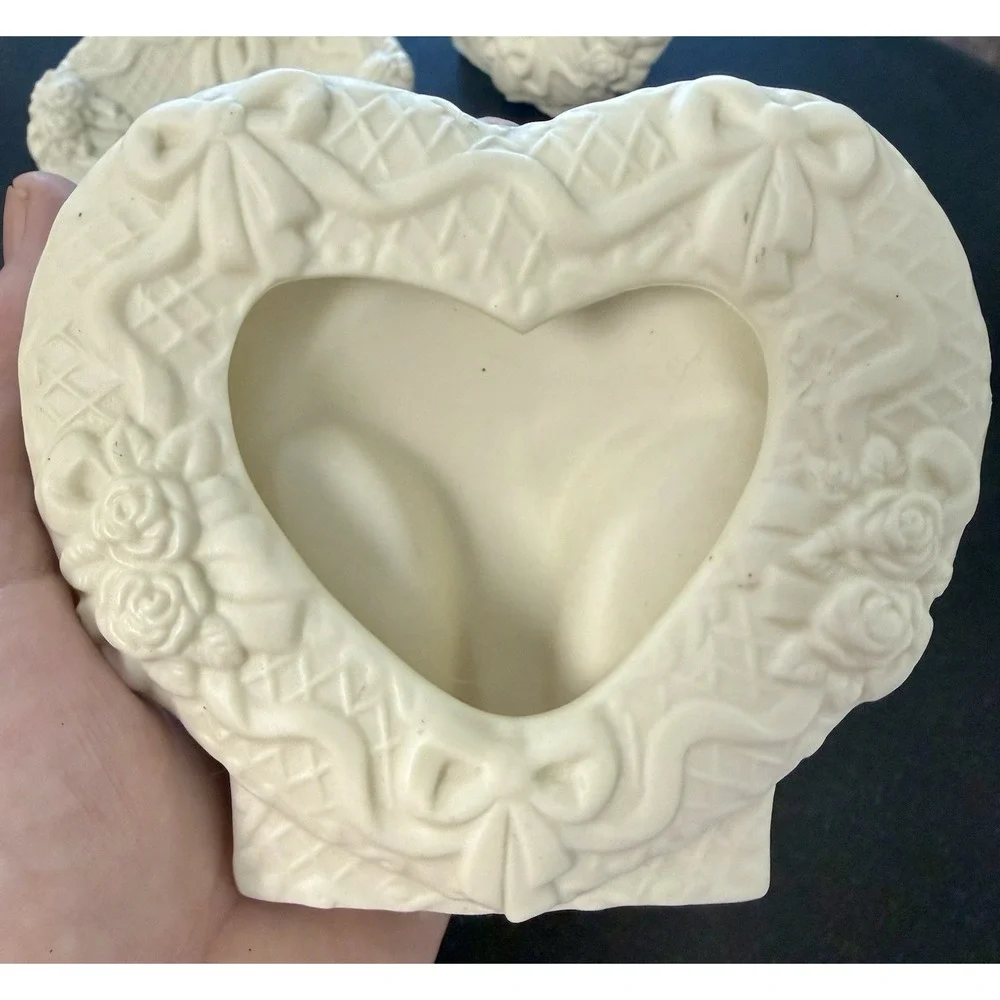 Vintage White Bisque Angel Candlestick Heart Photo Frames Trinket Dish Set